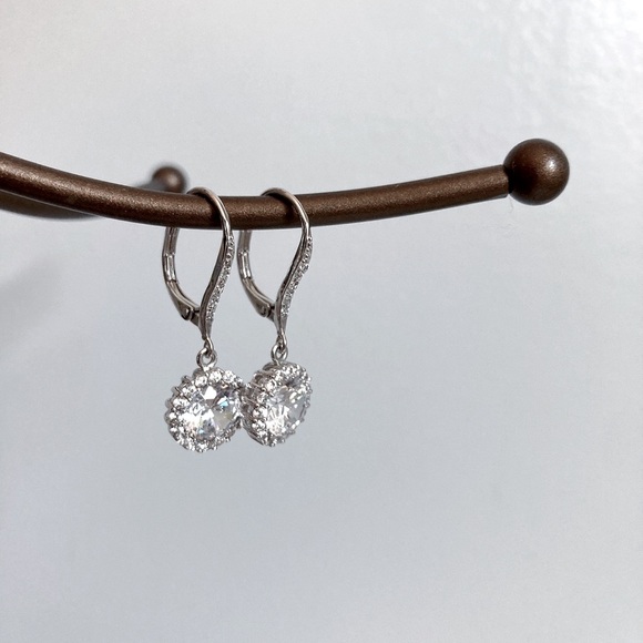 Round Framed Cubic Zirconia Bridal Drop Earrings - Picture 3 of 4